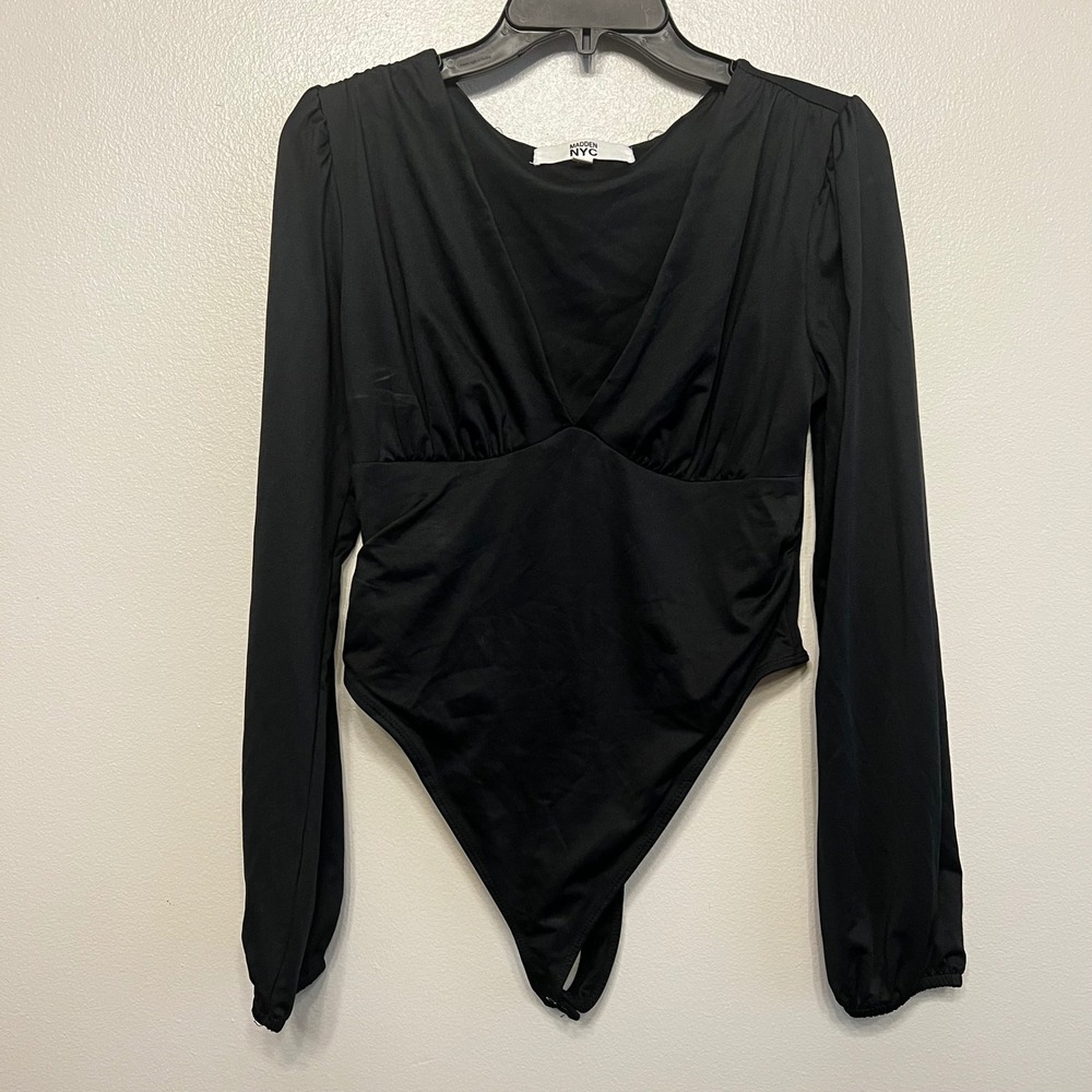 Madden NYC Womens Black Long Sleeve V-Neck Ruched Bodice Bodysuit Size M